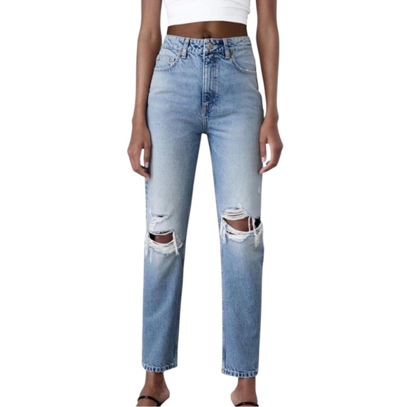 Zara Denim - Zara Blue Denim Straight Leg Distressed High Rise Cropped Jeans